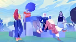 Women Illustration of 5 women standing and sitting together, on different sized boxes