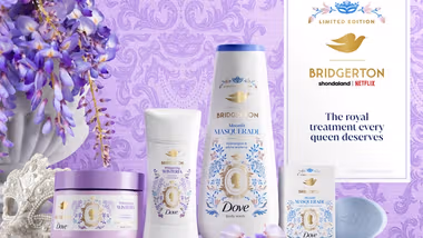 Line up of products from the Dove collaboration with Bridgerton, with the words “The royal treatment every queen deserves”.