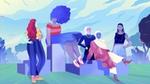 Women Illustration of 5 women standing and sitting together, on different sized boxes